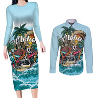 Personalized Aloha Hawaii Skeleton Couples Matching Long Sleeve Bodycon Dress and Long Sleeve Button Shirt Tropical Summer Vibe - Wonder Print Shop