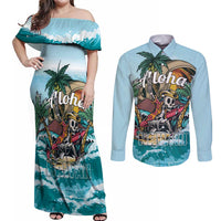 Personalized Aloha Hawaii Skeleton Couples Matching Off Shoulder Maxi Dress and Long Sleeve Button Shirt Tropical Summer Vibe - Wonder Print Shop