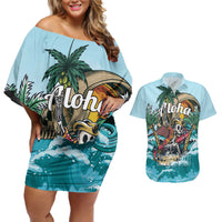 Personalized Aloha Hawaii Skeleton Couples Matching Off Shoulder Short Dress and Hawaiian Shirt Tropical Summer Vibe - Wonder Print Shop