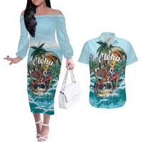Personalized Aloha Hawaii Skeleton Couples Matching Off The Shoulder Long Sleeve Dress and Hawaiian Shirt Tropical Summer Vibe - Wonder Print Shop