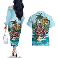 Personalized Aloha Hawaii Skeleton Couples Matching Off The Shoulder Long Sleeve Dress and Hawaiian Shirt Tropical Summer Vibe - Wonder Print Shop