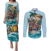 Personalized Aloha Hawaii Skeleton Couples Matching Puletasi and Long Sleeve Button Shirt Tropical Summer Vibe - Wonder Print Shop