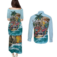 Personalized Aloha Hawaii Skeleton Couples Matching Puletasi and Long Sleeve Button Shirt Tropical Summer Vibe - Wonder Print Shop