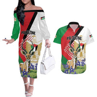 Personalized Palestine Couples Matching Off The Shoulder Long Sleeve Dress and Hawaiian Shirt Mountain Gazelle With Faqqua Iris - Wonder Print Shop