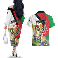 Personalized Palestine Couples Matching Off The Shoulder Long Sleeve Dress and Hawaiian Shirt Mountain Gazelle With Faqqua Iris - Wonder Print Shop