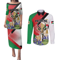 Personalized Palestine Couples Matching Puletasi and Long Sleeve Button Shirt Mountain Gazelle With Faqqua Iris - Wonder Print Shop
