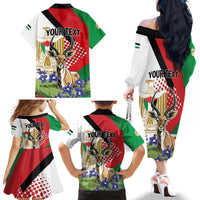 Personalized Palestine Family Matching Off The Shoulder Long Sleeve Dress and Hawaiian Shirt Mountain Gazelle With Faqqua Iris - Wonder Print Shop
