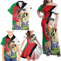 Personalized Palestine Family Matching Off Shoulder Maxi Dress and Hawaiian Shirt Mountain Gazelle With Faqqua Iris - Wonder Print Shop