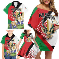 Personalized Palestine Family Matching Off Shoulder Short Dress and Hawaiian Shirt Mountain Gazelle With Faqqua Iris - Wonder Print Shop