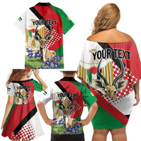 Personalized Palestine Family Matching Off Shoulder Short Dress and Hawaiian Shirt Mountain Gazelle With Faqqua Iris - Wonder Print Shop