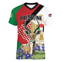 Personalized Palestine Women V-Neck T-Shirt Mountain Gazelle With Faqqua Iris - Wonder Print Shop