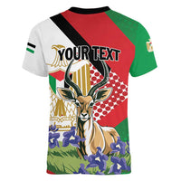 Personalized Palestine Women V-Neck T-Shirt Mountain Gazelle With Faqqua Iris - Wonder Print Shop