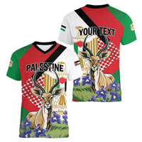 Personalized Palestine Women V-Neck T-Shirt Mountain Gazelle With Faqqua Iris - Wonder Print Shop
