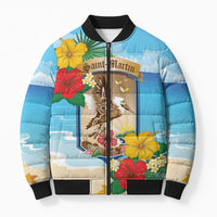 Personalized Collectivity of Saint Martin Bomber Puffer Jacket Hibiscus Flowers Tropical Beach - Wonder Print Shop