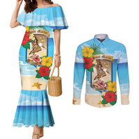 Personalized Collectivity of Saint Martin Couples Matching Mermaid Dress and Long Sleeve Button Shirt Hibiscus Flowers Tropical Beach - Wonder Print Shop