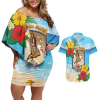 Personalized Collectivity of Saint Martin Couples Matching Off Shoulder Short Dress and Hawaiian Shirt Hibiscus Flowers Tropical Beach - Wonder Print Shop