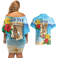 Personalized Collectivity of Saint Martin Couples Matching Off Shoulder Short Dress and Hawaiian Shirt Hibiscus Flowers Tropical Beach - Wonder Print Shop