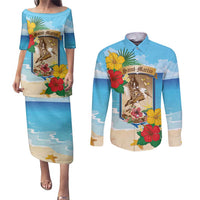 Personalized Collectivity of Saint Martin Couples Matching Puletasi and Long Sleeve Button Shirt Hibiscus Flowers Tropical Beach - Wonder Print Shop