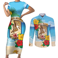 Personalized Collectivity of Saint Martin Couples Matching Short Sleeve Bodycon Dress and Long Sleeve Button Shirt Hibiscus Flowers Tropical Beach - Wonder Print Shop
