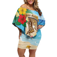 Personalized Collectivity of Saint Martin Family Matching Off Shoulder Short Dress and Hawaiian Shirt Hibiscus Flowers Tropical Beach - Wonder Print Shop