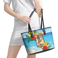 Collectivity of Saint Martin Leather Tote Bag Hibiscus Flowers Tropical Beach - Wonder Print Shop