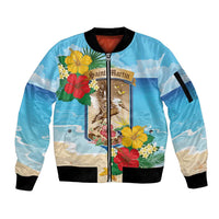 Personalized Collectivity of Saint Martin Sleeve Zip Bomber Jacket Hibiscus Flowers Tropical Beach - Wonder Print Shop