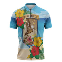 Personalized Collectivity of Saint Martin Zipper Polo Shirt Hibiscus Flowers Tropical Beach - Wonder Print Shop