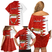 Bahrain Independence Day Family Matching Off Shoulder Short Dress and Hawaiian Shirt Bahrayn Coat Of Arms Floral Pattern - Wonder Print Shop