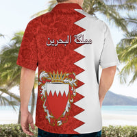 Bahrain Hawaiian shirt back view, red floral panel with Arabic text, crest and zigzag white trim