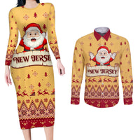 New Jersey Christmas Couples Matching Long Sleeve Bodycon Dress and Long Sleeve Button Shirt Cheerful Santa Claus Xmas Pattern - Wonder Print Shop