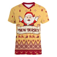 New Jersey Christmas Women V Neck T Shirt Cheerful Santa Claus Xmas Pattern - Wonder Print Shop