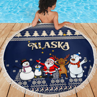 Custom Alaska Christmas Beach Blanket Santa Claus With Snowman Reindeer Penguin - Wonder Print Shop