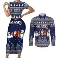 Custom Alaska Christmas Couples Matching Short Sleeve Bodycon Dress and Long Sleeve Button Shirt Santa Claus With Snowman Reindeer Penguin - Wonder Print Shop