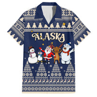 Blue Hawaiian Christmas button-up with ALASKA logo and penguin, Santa, reindeer artwork