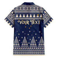 Blue Hawaiian Christmas button-up back with 'Your Text' stars and snowflake pattern