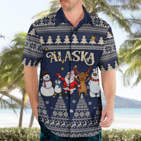 Blue Hawaiian Christmas button-up on adult with ALASKA graphic and winter characters
