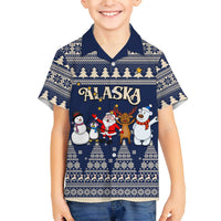 Kids blue Hawaiian Christmas button-up shirt with ALASKA graphic and winter characters