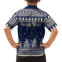 Kids blue Hawaiian Christmas shirt back with customizable 'Your Text' and snow pattern