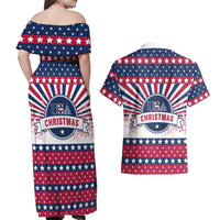 USA Christmas Couples Matching Off Shoulder Maxi Dress and Hawaiian Shirt The Stars and Stripes Xmas Style - Wonder Print Shop