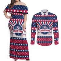USA Christmas Couples Matching Off Shoulder Maxi Dress and Long Sleeve Button Shirt The Stars and Stripes Xmas Style - Wonder Print Shop