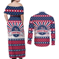 USA Christmas Couples Matching Off Shoulder Maxi Dress and Long Sleeve Button Shirt The Stars and Stripes Xmas Style - Wonder Print Shop
