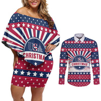 USA Christmas Couples Matching Off Shoulder Short Dress and Long Sleeve Button Shirt The Stars and Stripes Xmas Style - Wonder Print Shop