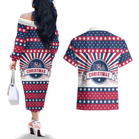 USA Christmas Couples Matching Off The Shoulder Long Sleeve Dress and Hawaiian Shirt The Stars and Stripes Xmas Style - Wonder Print Shop