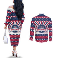 USA Christmas Couples Matching Off The Shoulder Long Sleeve Dress and Long Sleeve Button Shirt The Stars and Stripes Xmas Style