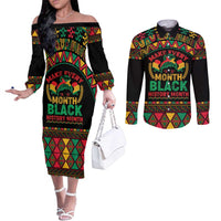 Make Every Month Black History Month Couples Matching Off The Shoulder Long Sleeve Dress and Long Sleeve Button Shirt African Pattern