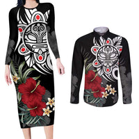 Taino Sun Tribal Couples Matching Long Sleeve Bodycon Dress and Long Sleeve Button Shirt Tropical Hibiscus - Wonder Print Shop