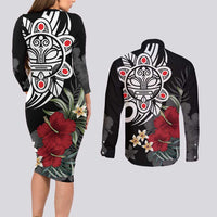 Taino Sun Tribal Couples Matching Long Sleeve Bodycon Dress and Long Sleeve Button Shirt Tropical Hibiscus - Wonder Print Shop
