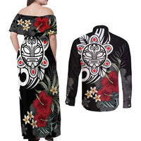Taino Sun Tribal Couples Matching Off Shoulder Maxi Dress and Long Sleeve Button Shirt Tropical Hibiscus - Wonder Print Shop