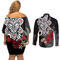 Taino Sun Tribal Couples Matching Off Shoulder Short Dress and Long Sleeve Button Shirt Tropical Hibiscus - Wonder Print Shop