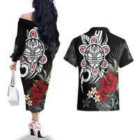 Taino Sun Tribal Couples Matching Off The Shoulder Long Sleeve Dress and Hawaiian Shirt Tropical Hibiscus - Wonder Print Shop